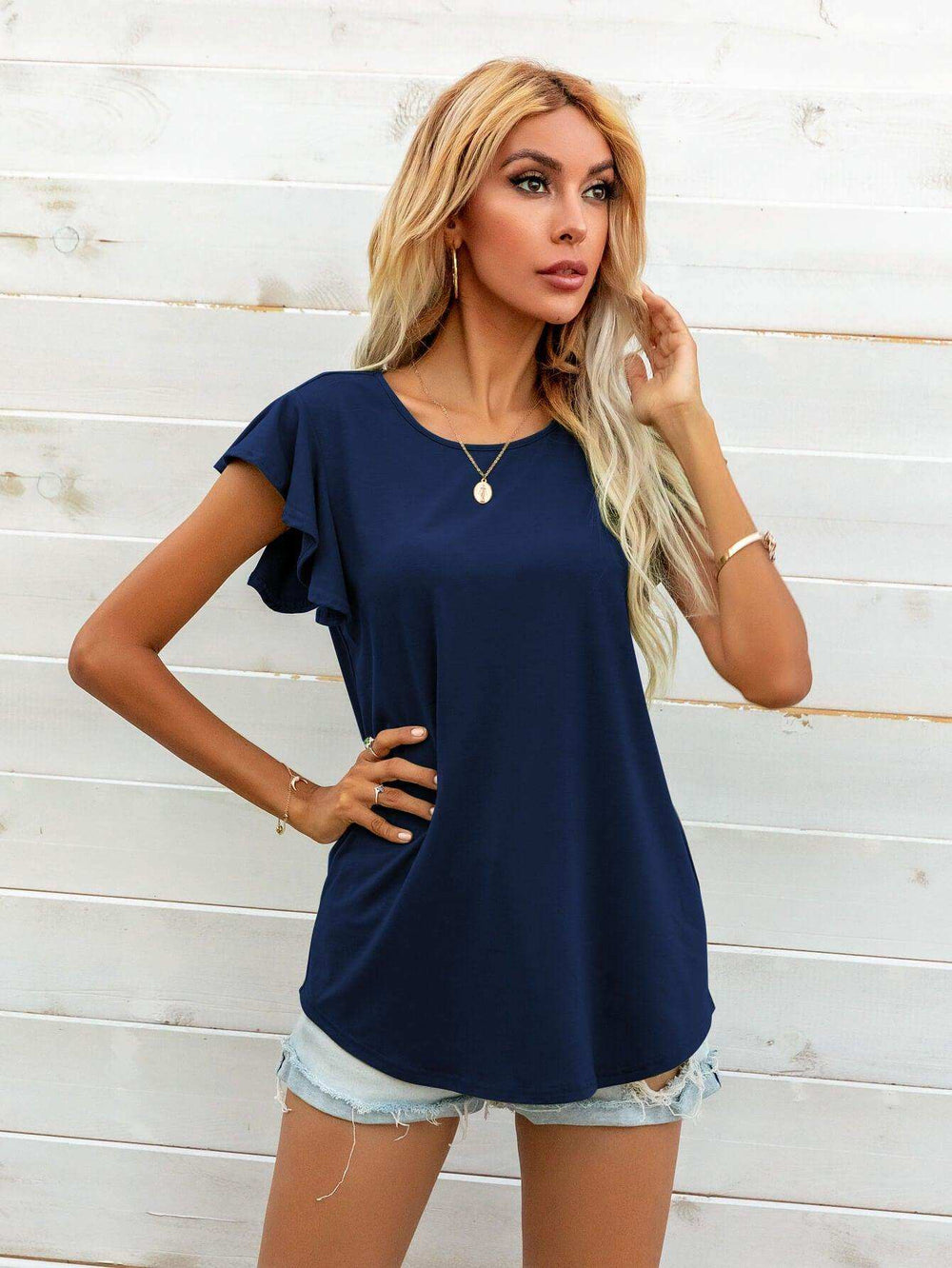 Round Neck Butterfly Sleeve Top - Trendsi - Flyclothing LLC