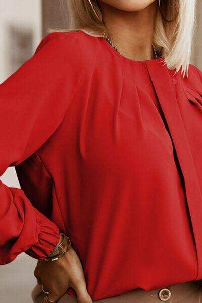 Button Up Round Neck Long Sleeve Shirt - Trendsi - Flyclothing LLC