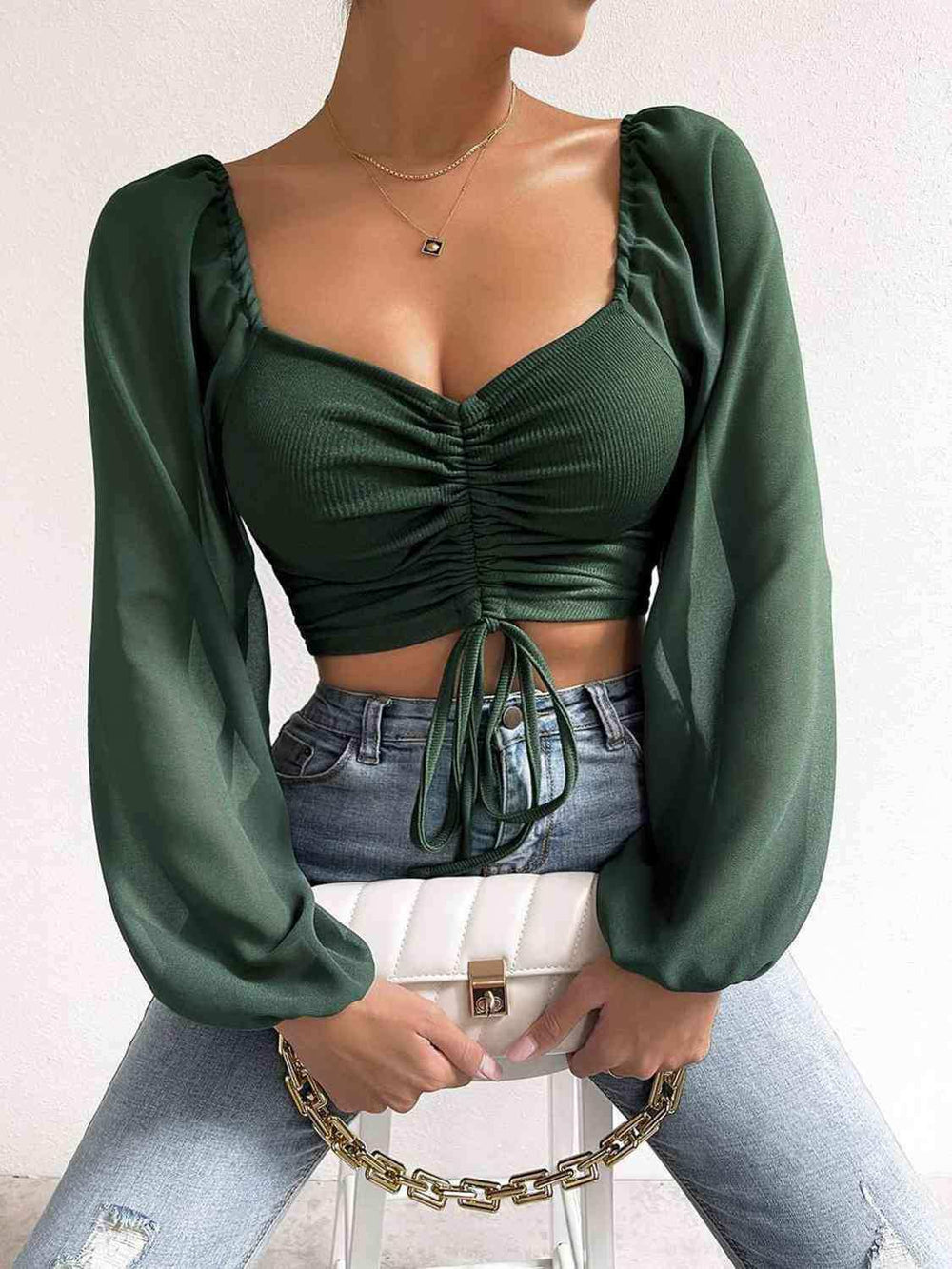 Drawstring Sweetheart Neck Cropped Top - Trendsi - Flyclothing LLC