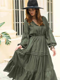 Tie Neck Long Sleeve Midi Tiered Dress - Trendsi - Flyclothing LLC