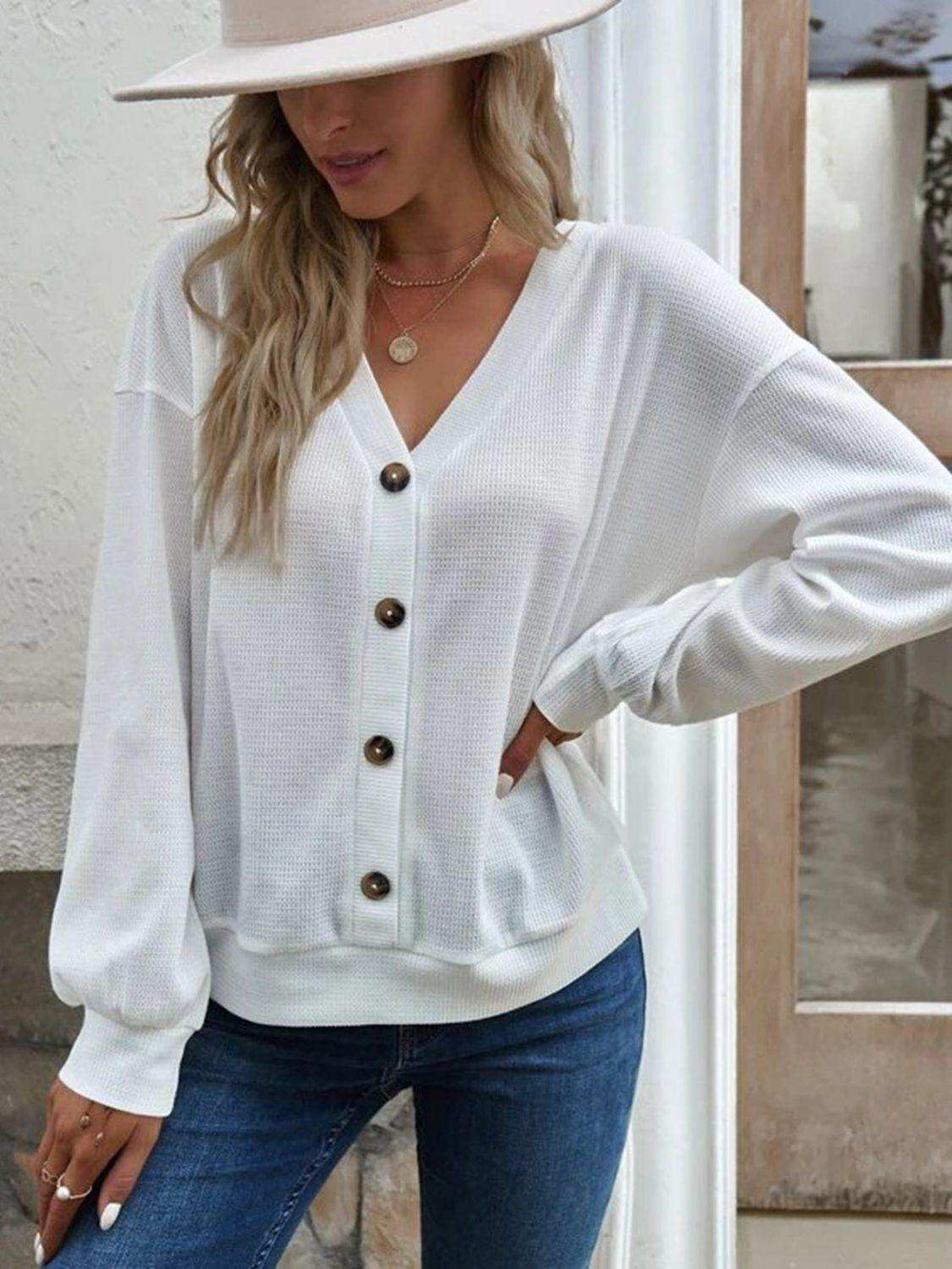 V-Neck Dropped Shoulder Blouse - Trendsi - Flyclothing LLC