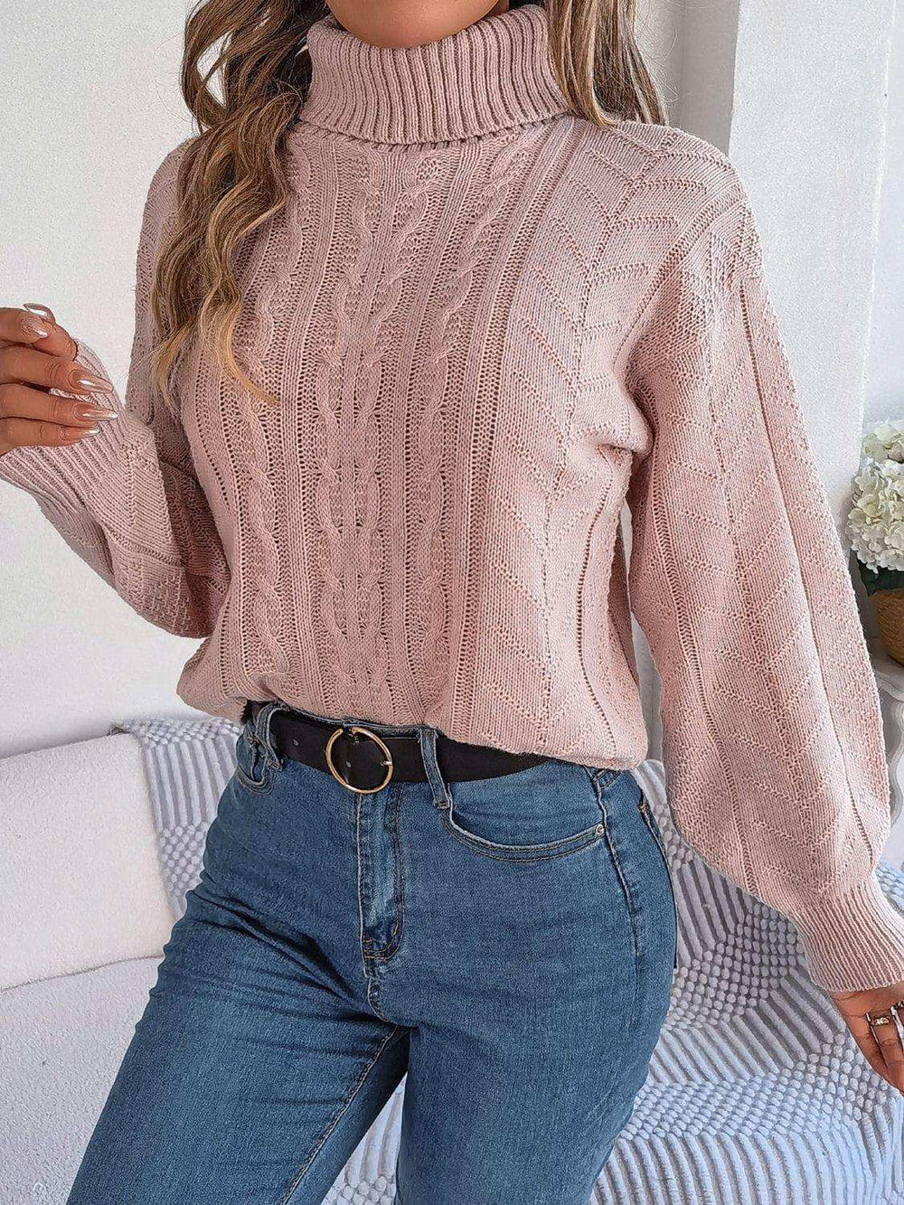 Cable-Knit Turtleneck Sweater - Trendsi - Flyclothing LLC