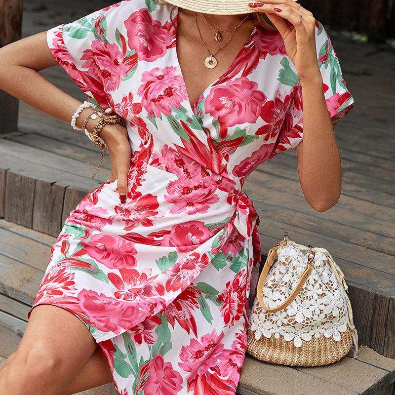 Floral Tied Short Sleeve Mini Dress - Trendsi - Flyclothing LLC