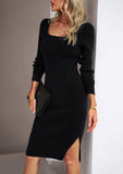 Rib-Knit Slit Sweater Dress - Trendsi - Flyclothing LLC