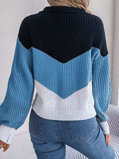 Color Block Dropped Shoulder Sweater - Trendsi - Flyclothing LLC