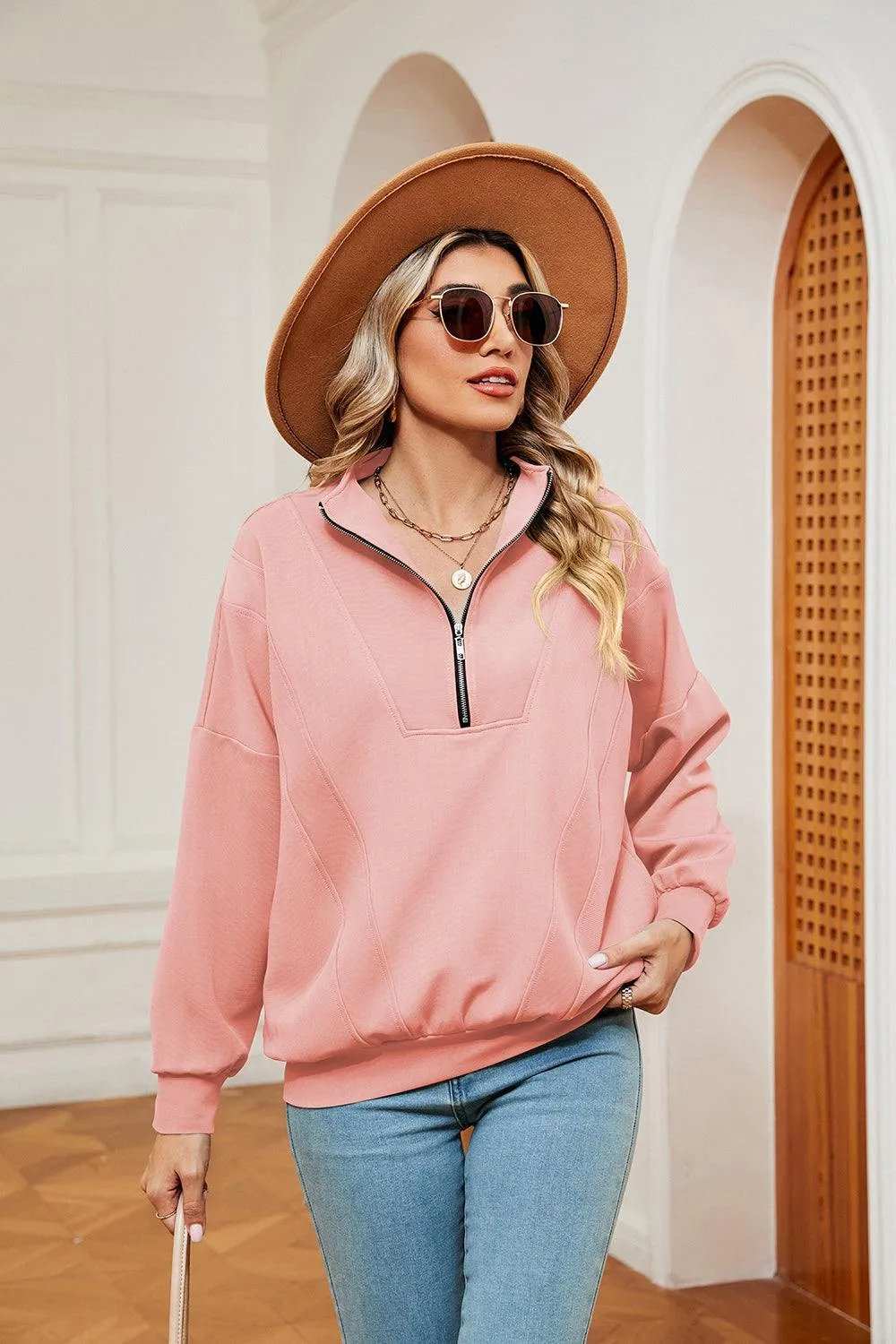 Half-Zip Dropped Shoulder Sweatshirt - Trendsi - Flyclothing LLC