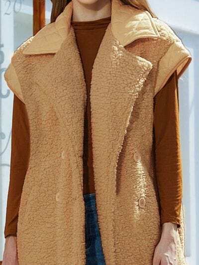 Fuzzy Collared Neck Button Up Vest Coat - Trendsi - Flyclothing LLC