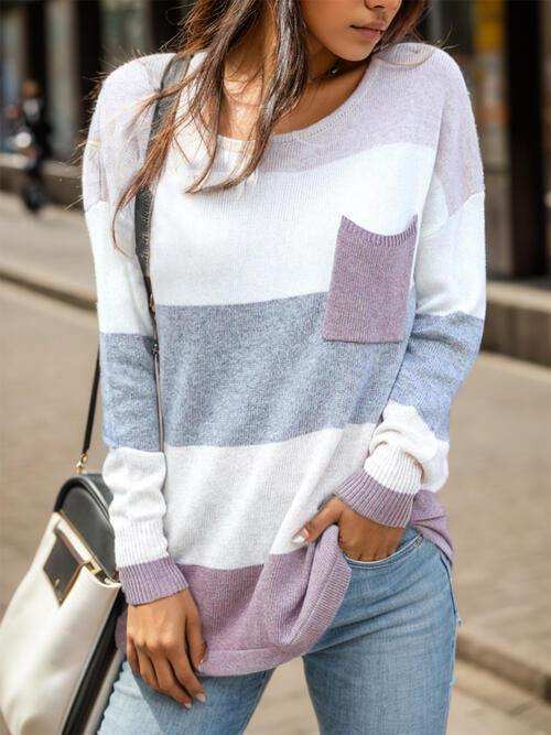 Striped Round Neck Sweater with Pocket - Trendsi - Flyclothing LLC