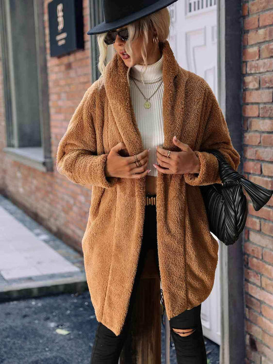 Open Front Hooded Teddy Coat - Trendsi - Flyclothing LLC