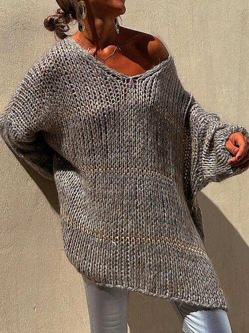 Openwork V-Neck Long Sleeve Sweater - Trendsi - Flyclothing LLC