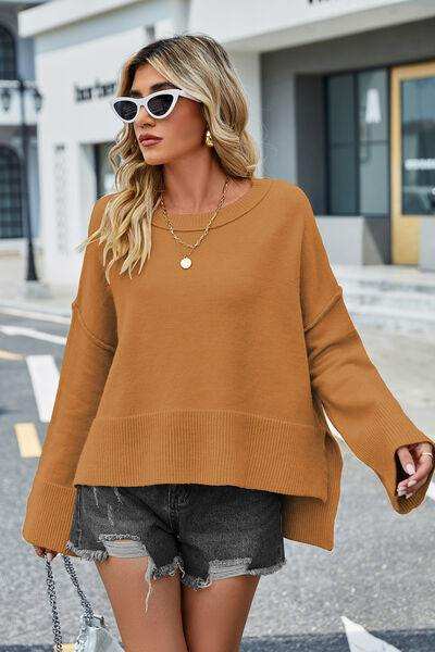 High-Low Slit Round Neck Long Sleeve Sweater - Trendsi - Flyclothing LLC