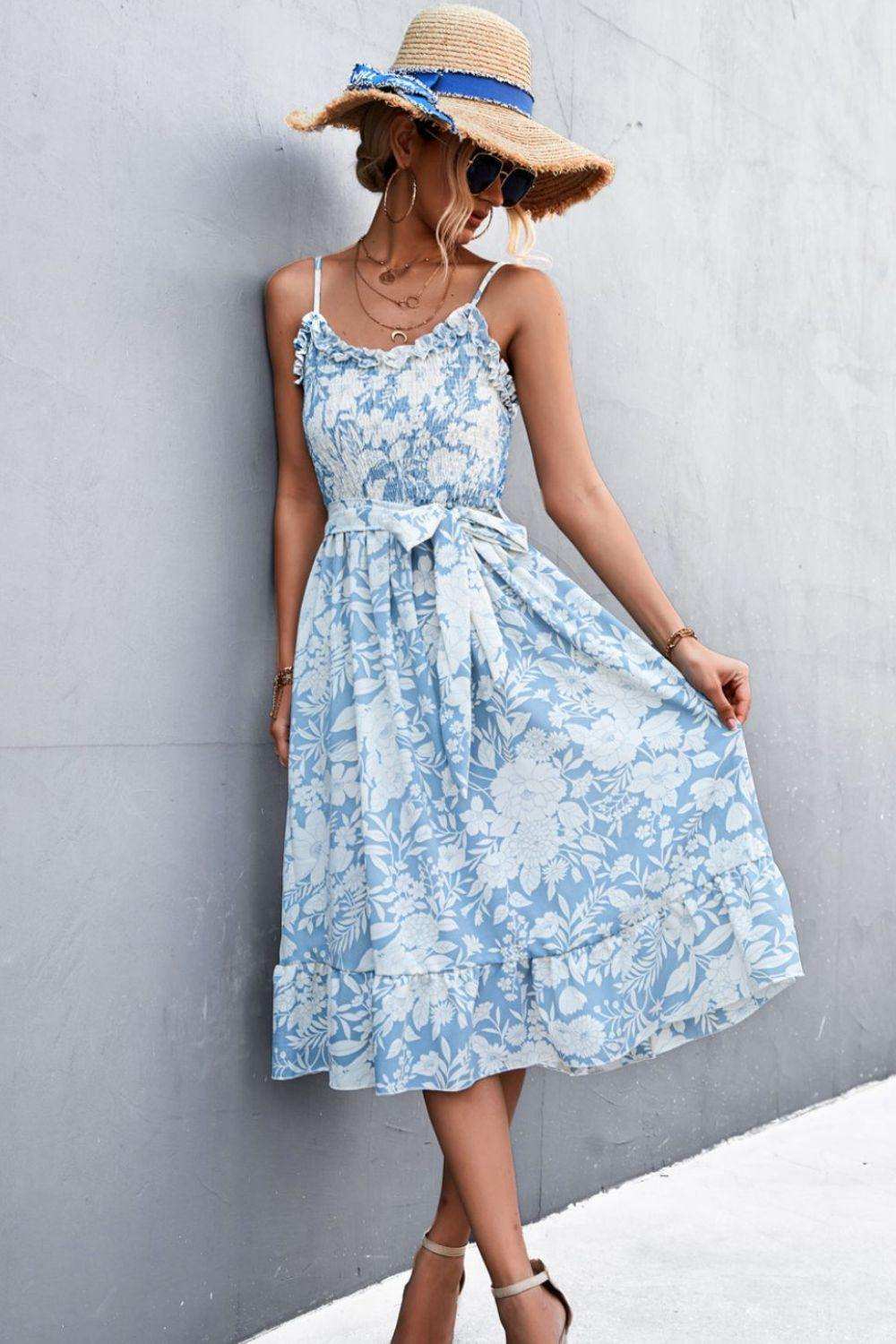 Floral Frill Trim Scoop Neck Spaghetti Strap Dress - Trendsi - Flyclothing LLC