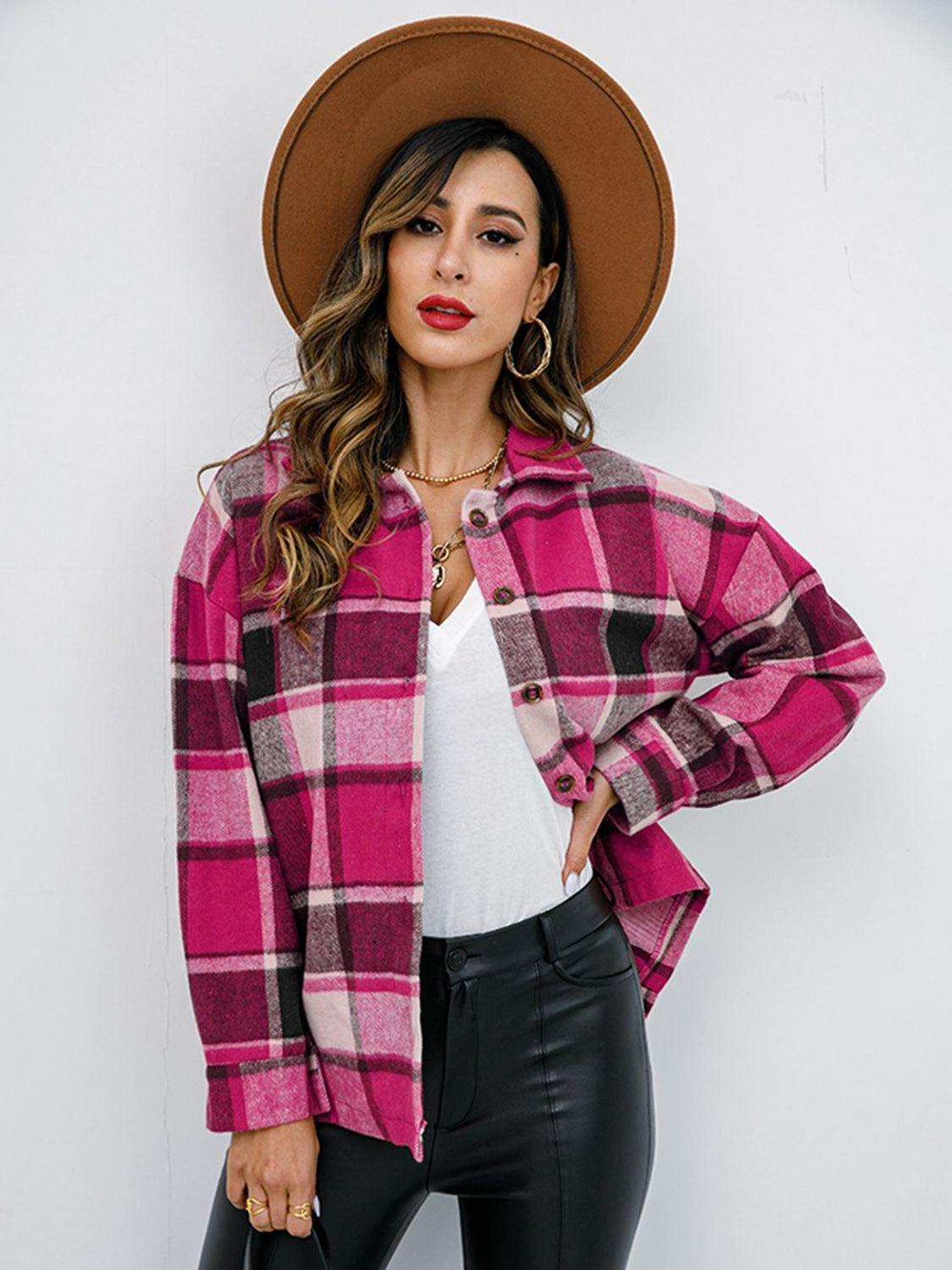 Plaid Button-Down Jacket - Trendsi - Flyclothing LLC