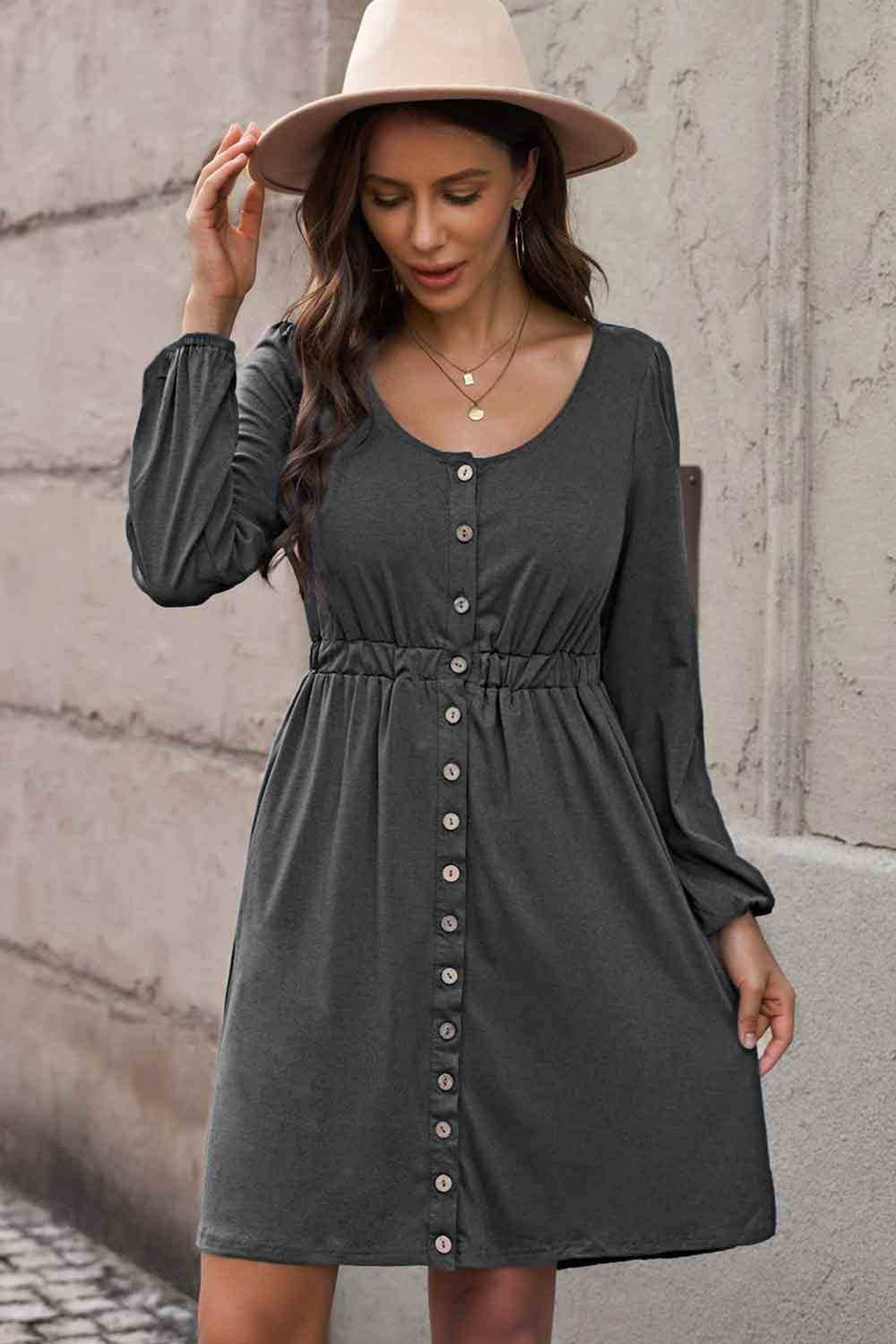 Scoop Neck Empire Waist Long Sleeve Mini Dress - Trendsi - Flyclothing LLC