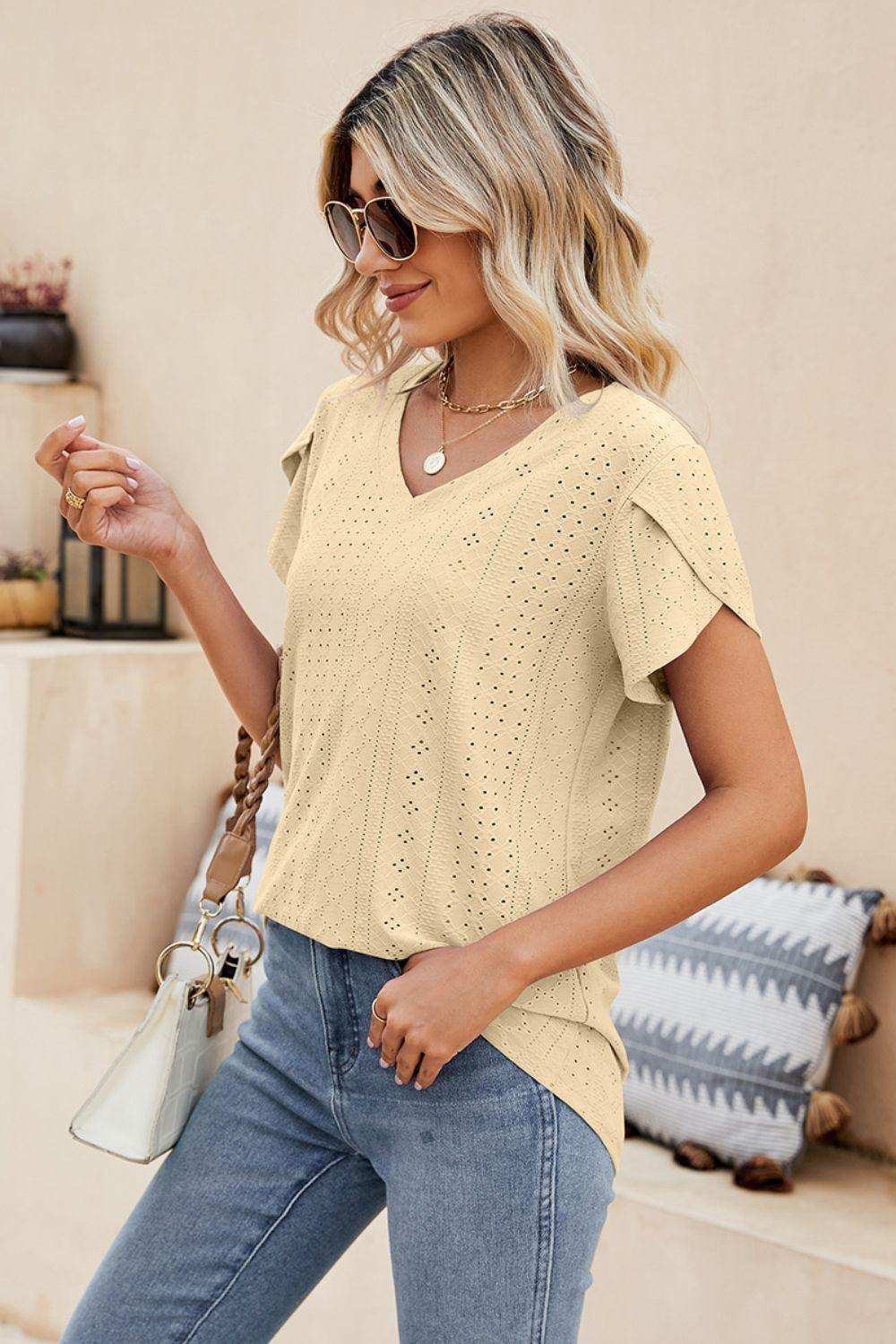 Eyelet Petal Sleeve V-Neck Knit Top - Trendsi - Flyclothing LLC