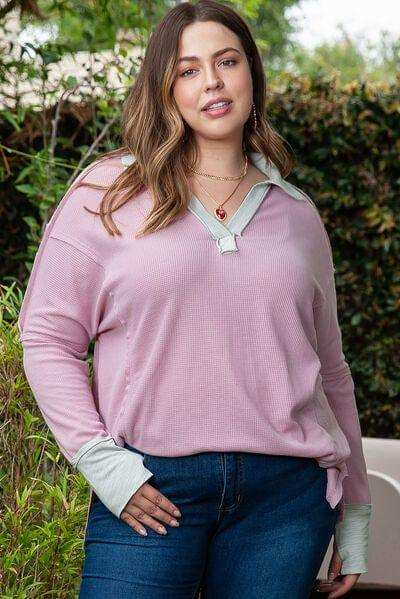 Plus Size Exposed Seam Johnny Collar Long Sleeve T-Shirt - Trendsi - Flyclothing LLC