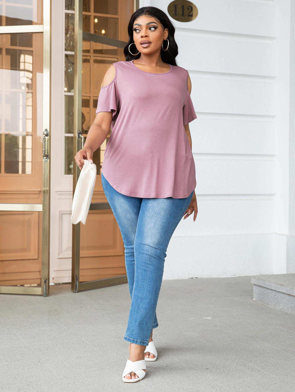 Plus Size Cold-Shoulder Round Neck Curved Hem Tee - Trendsi - Flyclothing LLC