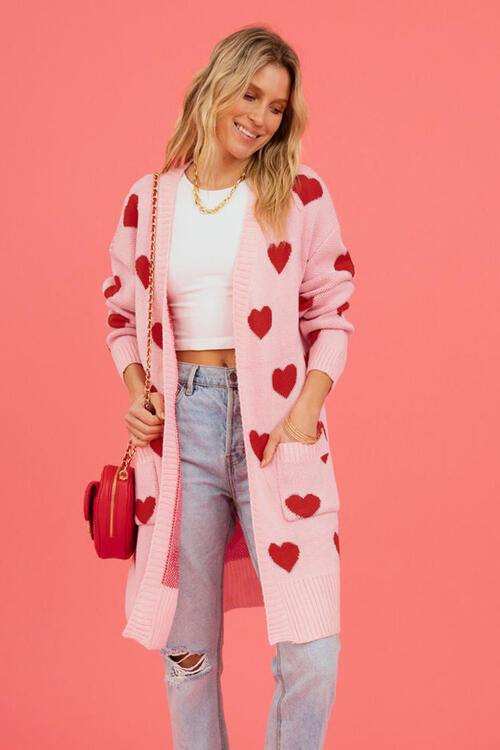 Heart Graphic Open Front Cardigan with Pockets - Trendsi - Flyclothing LLC