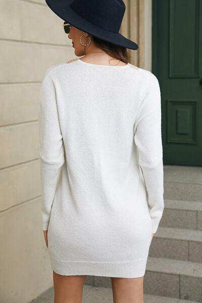 V-Neck Long Sleeve Mini Sweater Dress - Trendsi - Flyclothing LLC