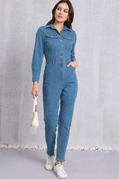 Snap Down Denim Jumpsuit with Pockets - Trendsi - Flyclothing LLC