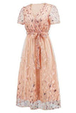 Sequin Leaf Embroidery Tie Front Short Sleeve Dress - Trendsi - Flyclothing LLC