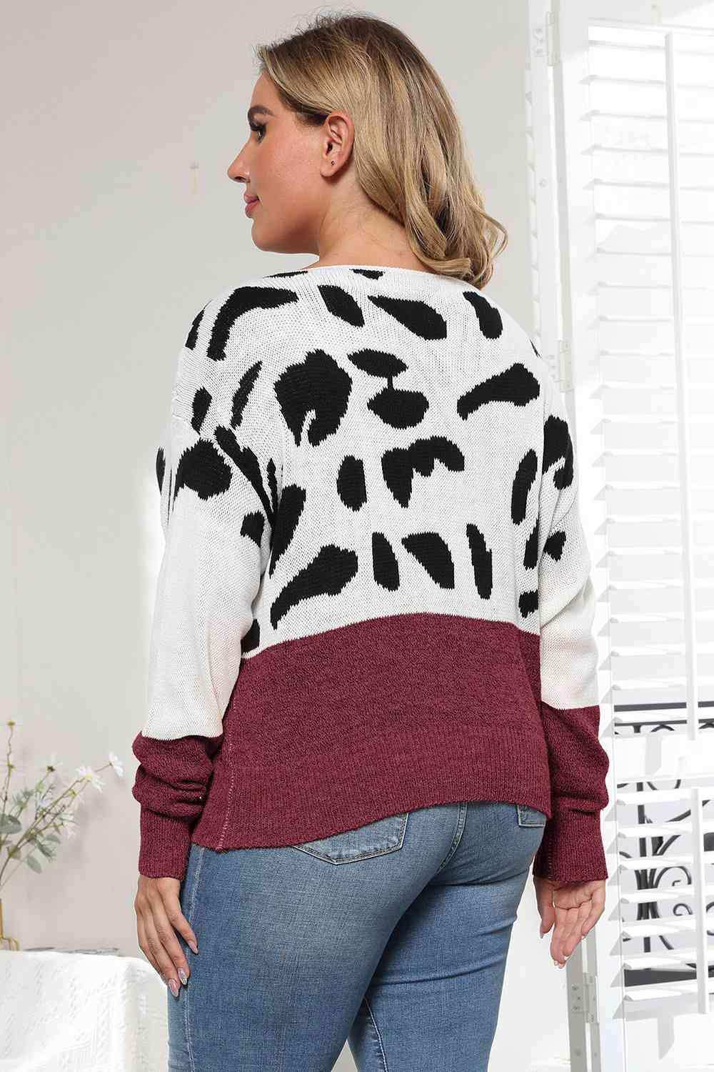 Plus Size Leopard Round Neck Long Sleeve Sweater - Trendsi - Flyclothing LLC