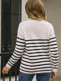 Round Neck Shoulder Button Striped Pullover Sweater - Trendsi - Flyclothing LLC
