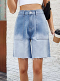 Buttoned Raw Hem Denim Shorts with Pockets - Trendsi - Flyclothing LLC