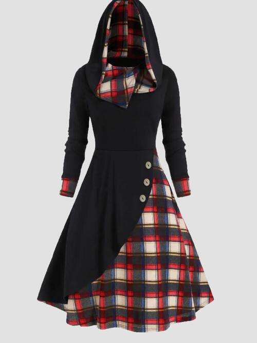 Plus Size Plaid Buttoned Long Sleeve Hooded Dress - Trendsi - Flyclothing LLC