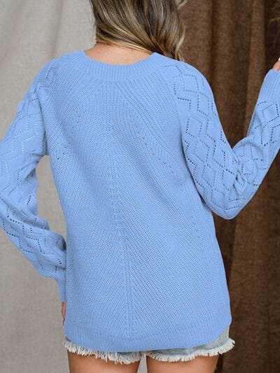 Openwork Round Neck Raglan Sleeve Sweater - Trendsi - Flyclothing LLC