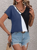 Color Block Decorative Button V-Neck Tee - Trendsi - Flyclothing LLC