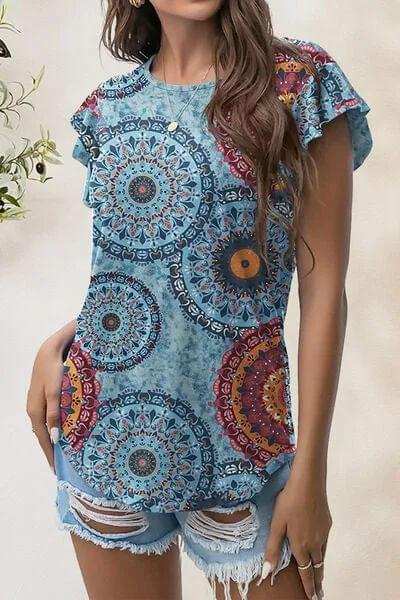 Printed Round Neck Short Sleeve T-Shirt - Trendsi - Flyclothing LLC