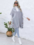 Fringe Trim Buttoned Hooded Poncho - Trendsi - Flyclothing LLC