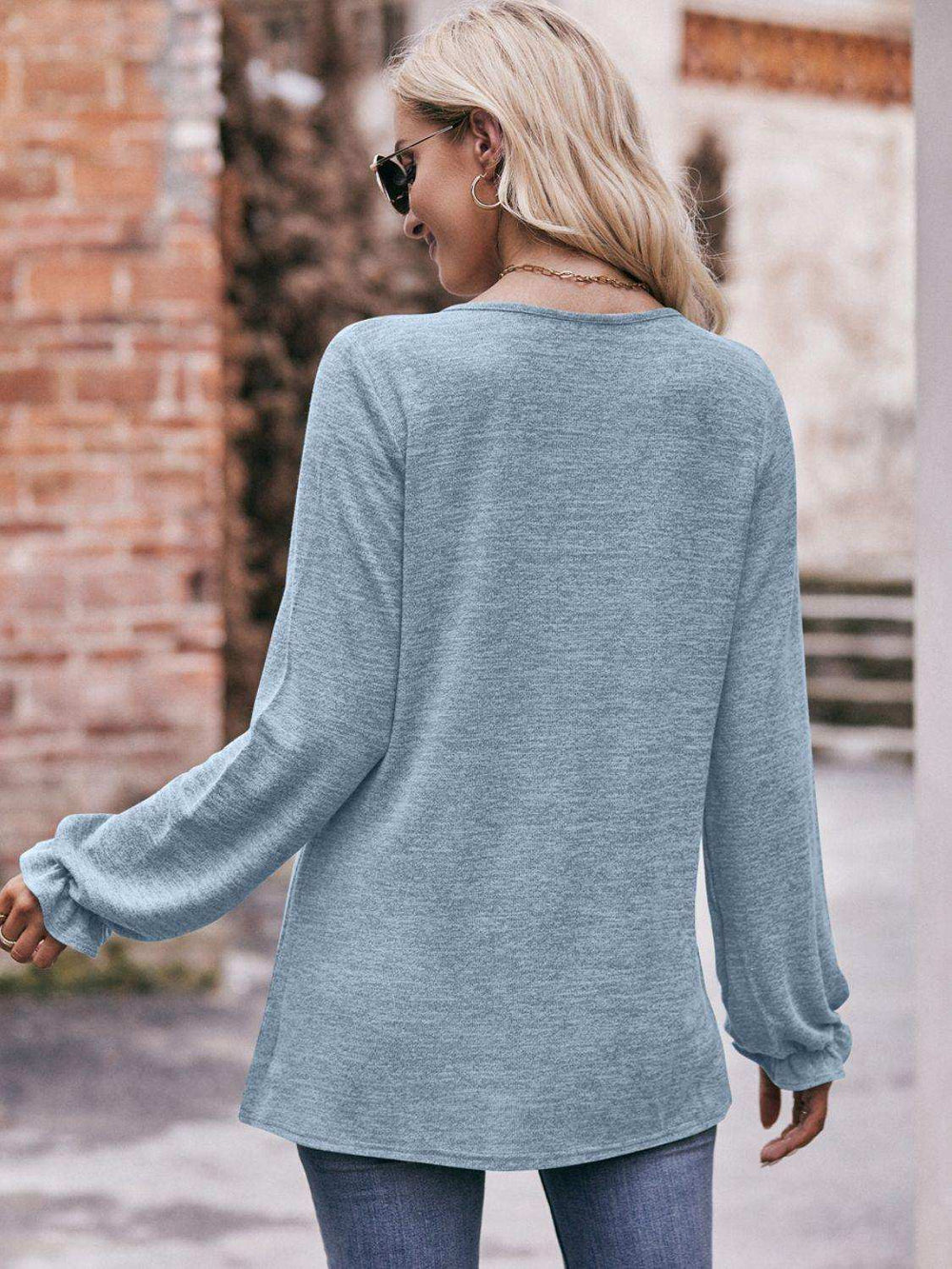Long Flounce Sleeve Round Neck Blouse - Trendsi - Flyclothing LLC