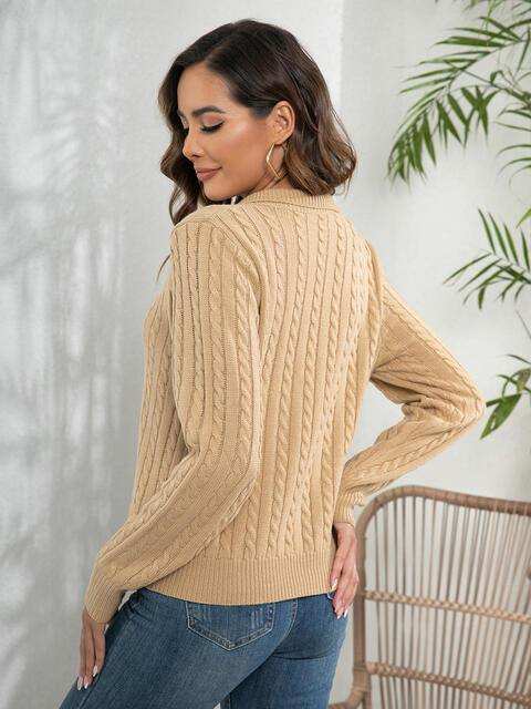 Johnny Collar Cable-Knit Long Sleeve Sweater - Trendsi - Flyclothing LLC