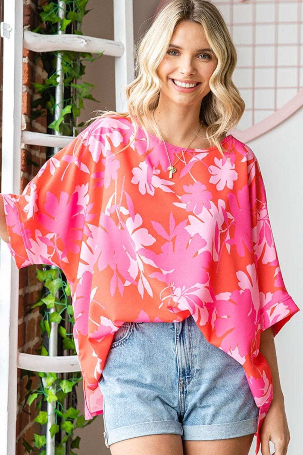 First Love Slit Printed Round Neck Half Sleeve Blouse - Trendsi - Flyclothing LLC