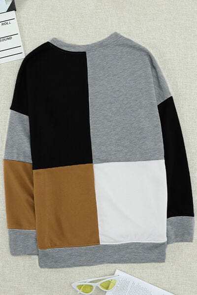 Color Block Round Neck Sweatshirt - Trendsi - Flyclothing LLC