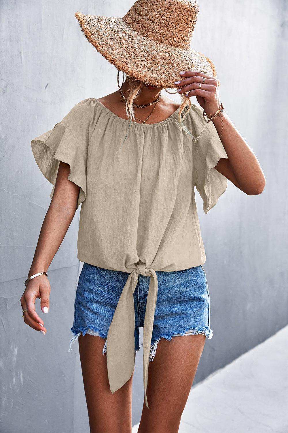 Flutter Sleeve Tie-Front Blouse - Trendsi - Flyclothing LLC
