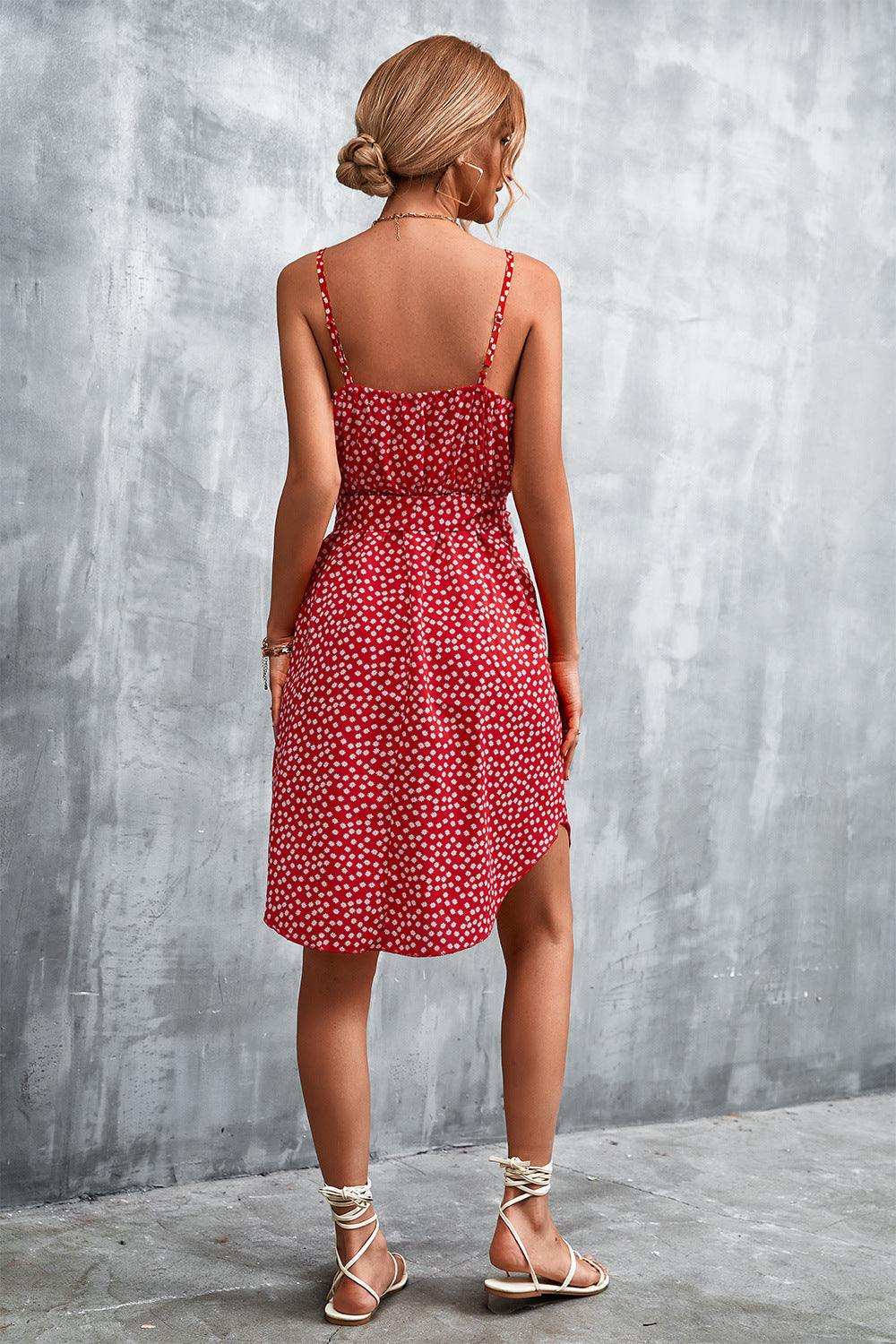 Printed V-Neck Tie Waist Mini Dress - Trendsi - Flyclothing LLC