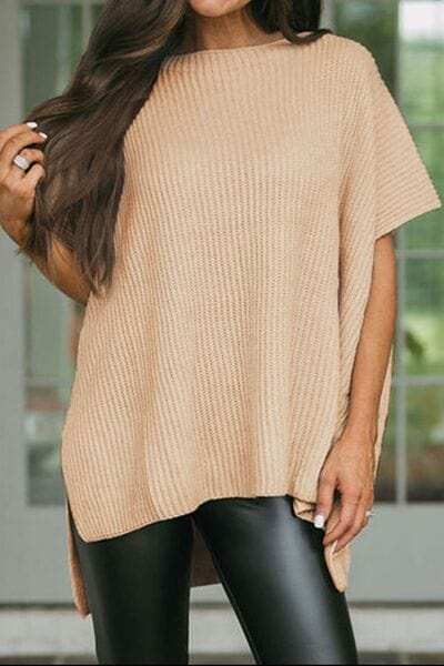Waffle-Knit Slit Short Sleeve Sweater - Trendsi - Flyclothing LLC
