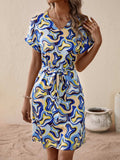 Tied Printed V-Neck Short Sleeve Dress - Trendsi - Flyclothing LLC