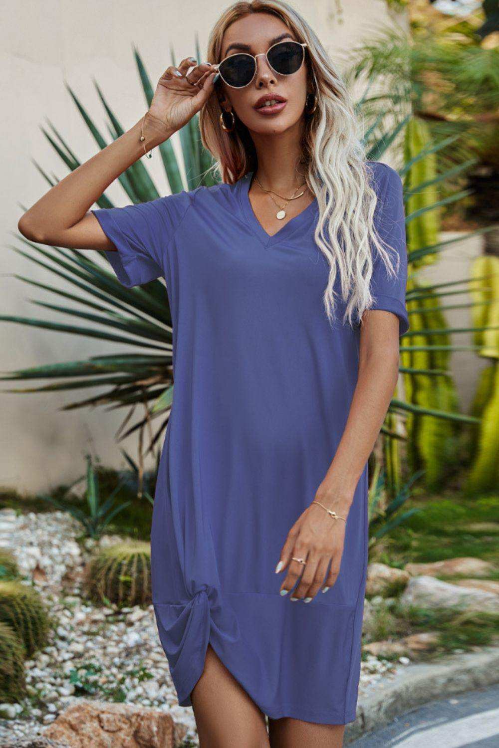 Twisted V-Neck Short Sleeve Dress - Trendsi - Flyclothing LLC