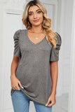 Heathered V-Neck Puff Sleeve T-Shirt - Trendsi - Flyclothing LLC
