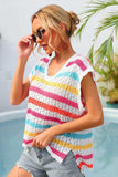 Striped V-Neck Slit Cover Up - Trendsi - Flyclothing LLC