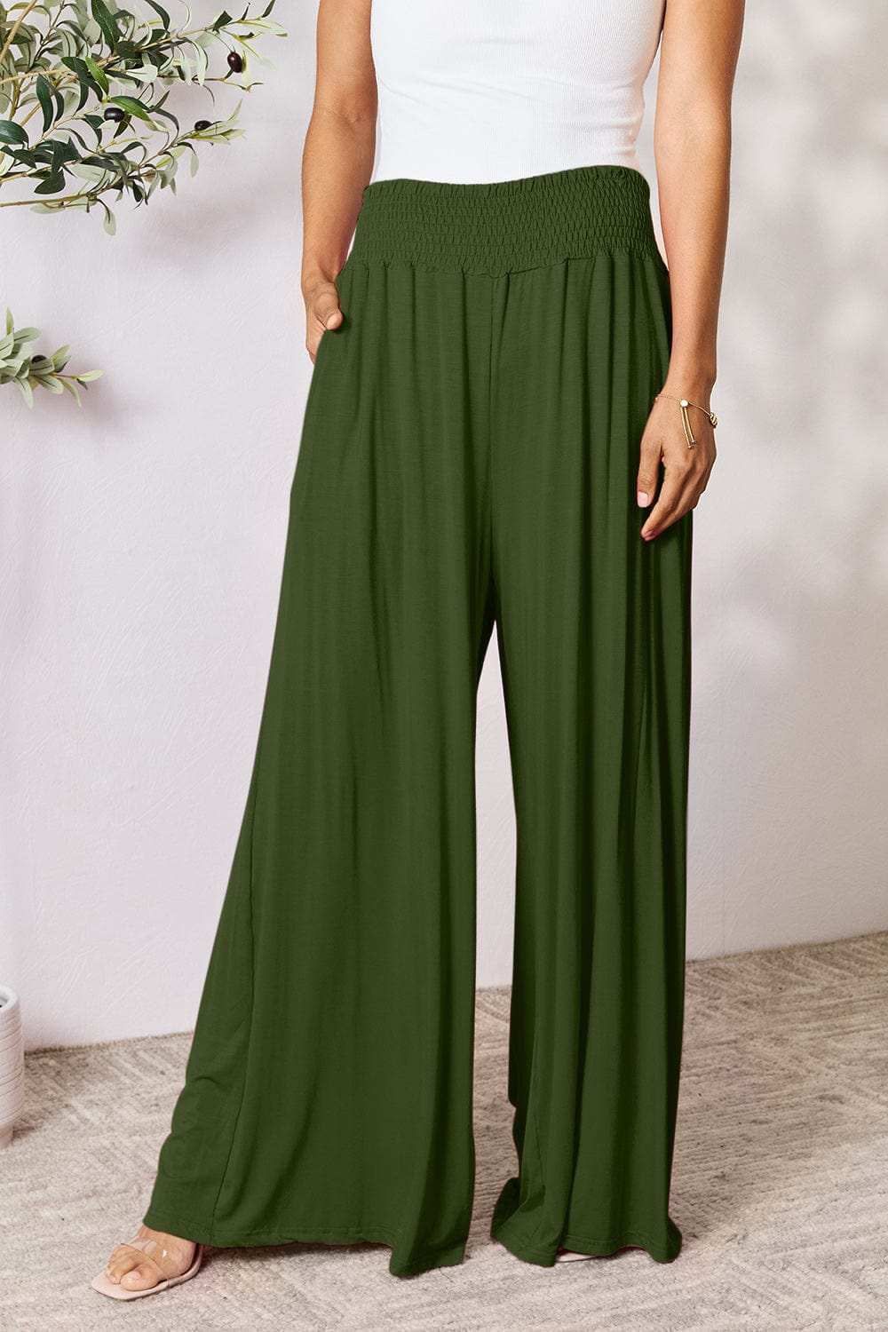 Double Take Full Size Smocked Wide Waistband Wide Leg Pants - Trendsi - Flyclothing LLC