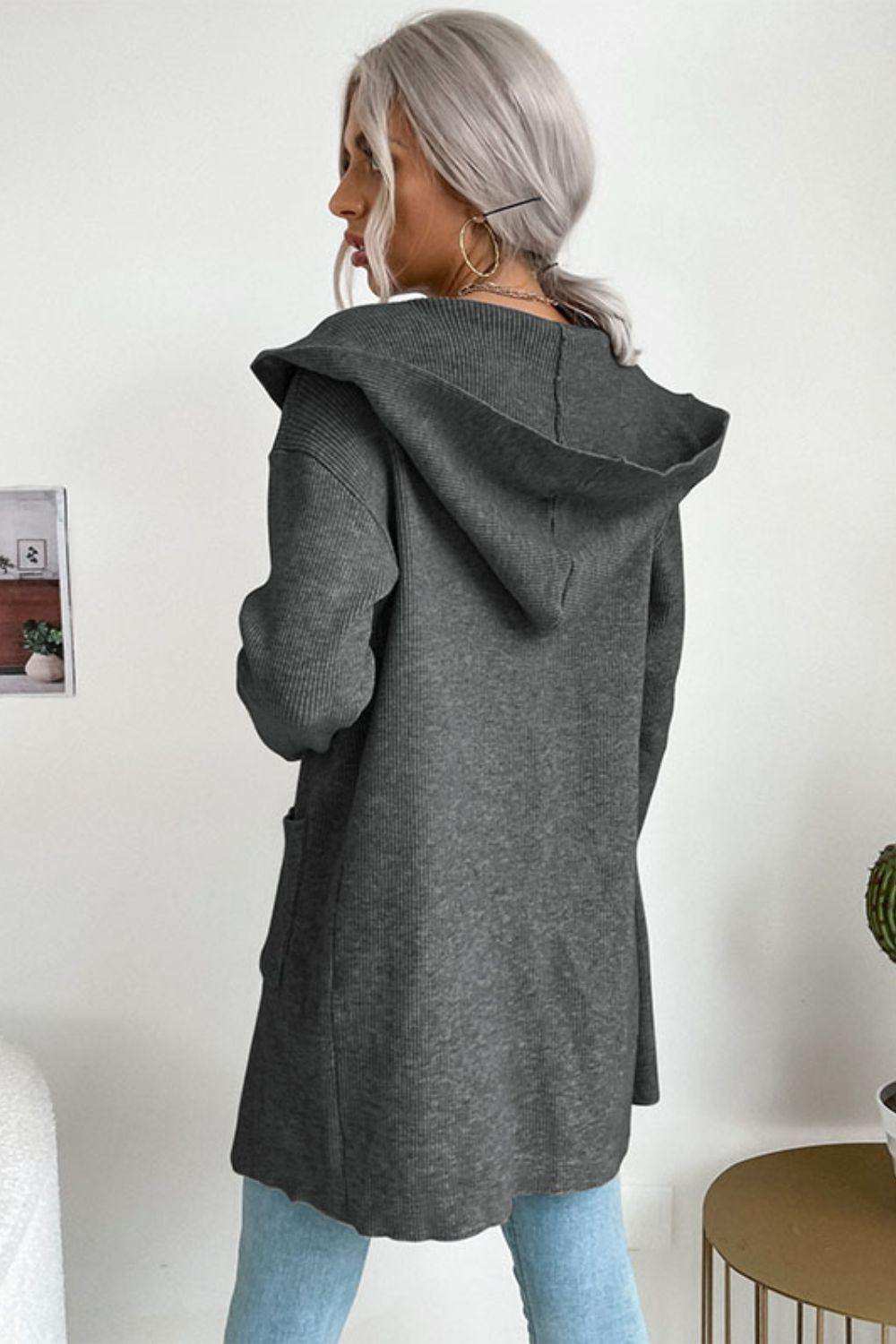 Ribbed Open Front Hooded Cardigan with Pockets - Trendsi - Flyclothing LLC