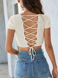 Lace-Up Openwork Square Neck Sweater - Trendsi - Flyclothing LLC