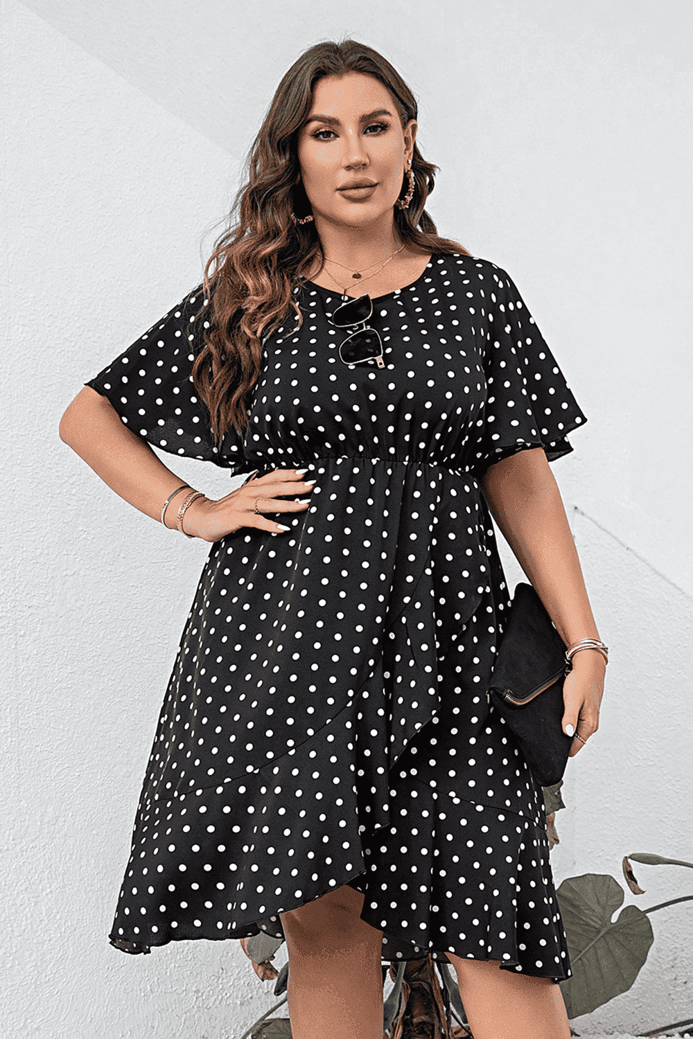 Plus Size Polka Dot Flutter Sleeve Dress - Trendsi - Flyclothing LLC