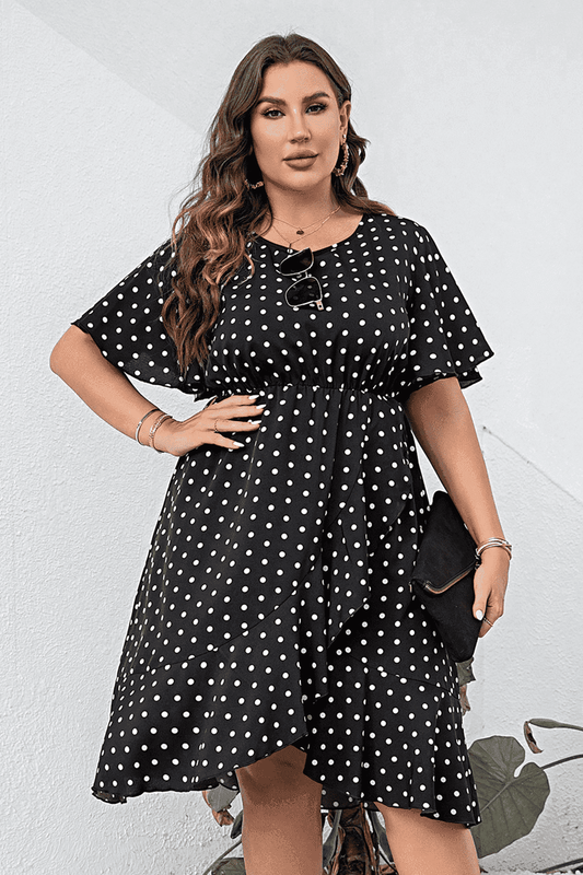 Plus Size Polka Dot Flutter Sleeve Dress - Trendsi - Flyclothing LLC
