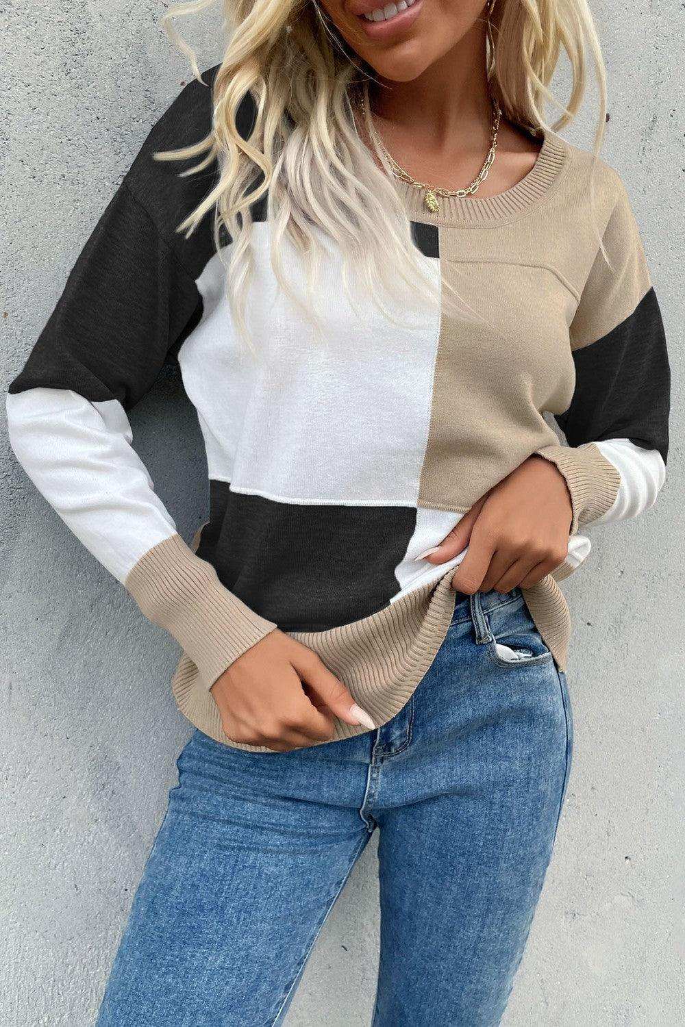 Color Block Ribbed Trim Round Neck Knit Pullover - Trendsi - Flyclothing LLC